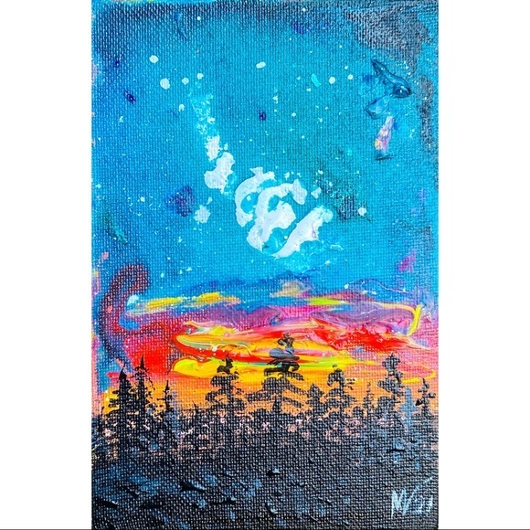 Northern Lights Painting Pine Tree Original Art Canvas Painting 6x4 Fluid Artwor - Picture 4 of 10